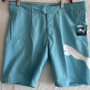 Puma 20” Boardshorts Blue Mens 34 Swim Trunks Big Logo Regular Fit Water Repel